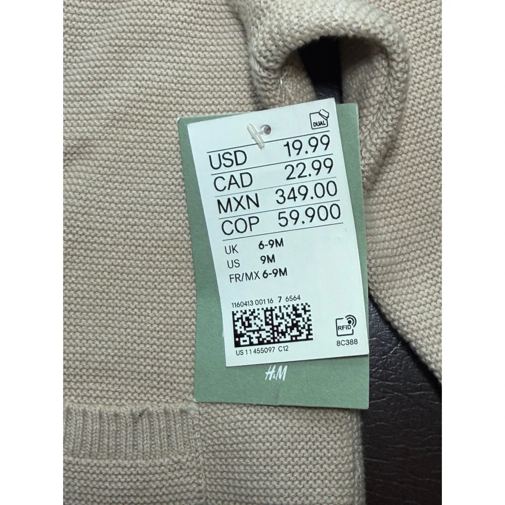 HM Baby Beige Organic Cotton Knit Hooded Cardigan Sweater Bear Ears 9M 1160413